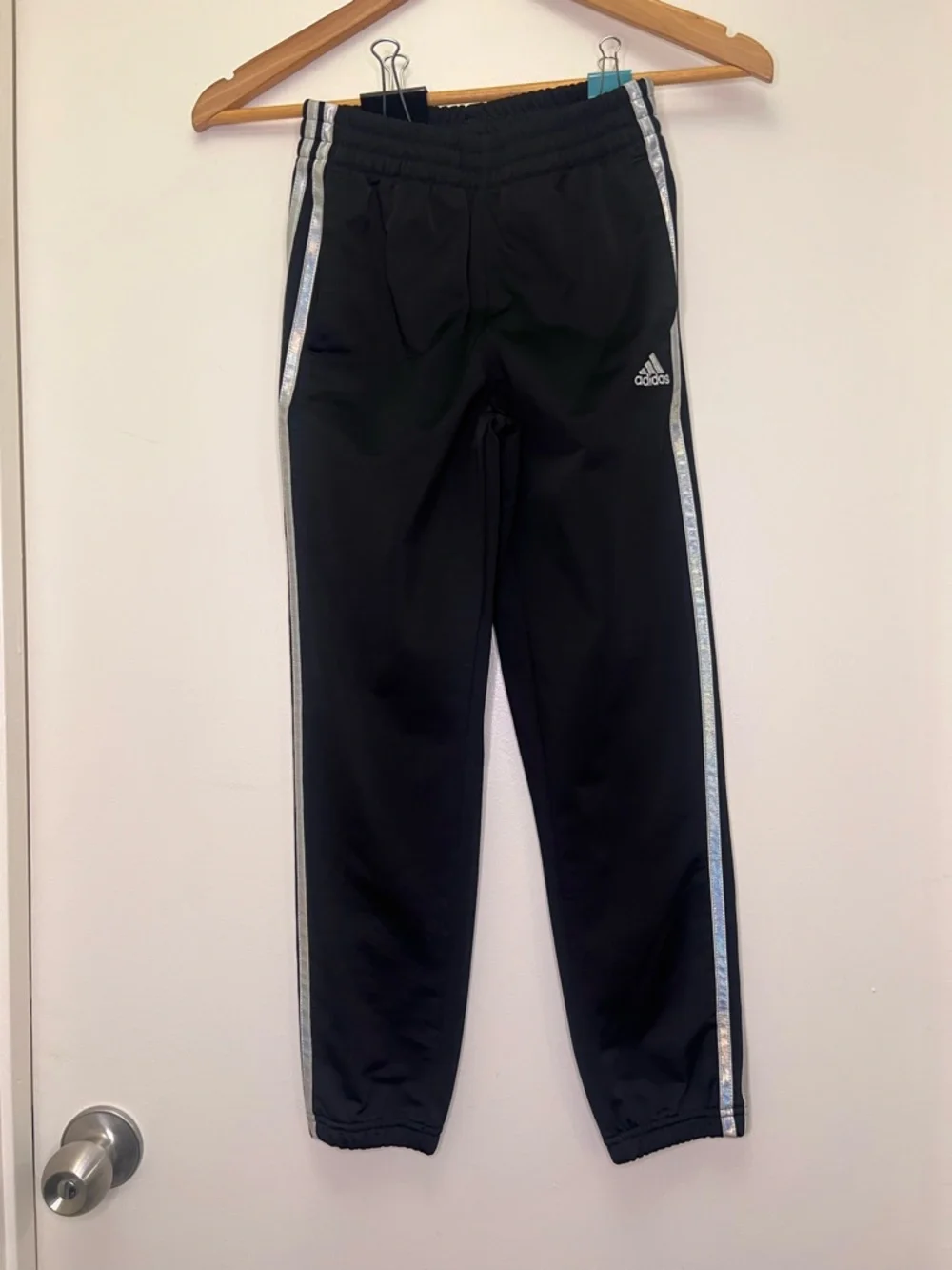 Adidas Girls Black Joggers Holographic Stripe Track Pants Size 7/8